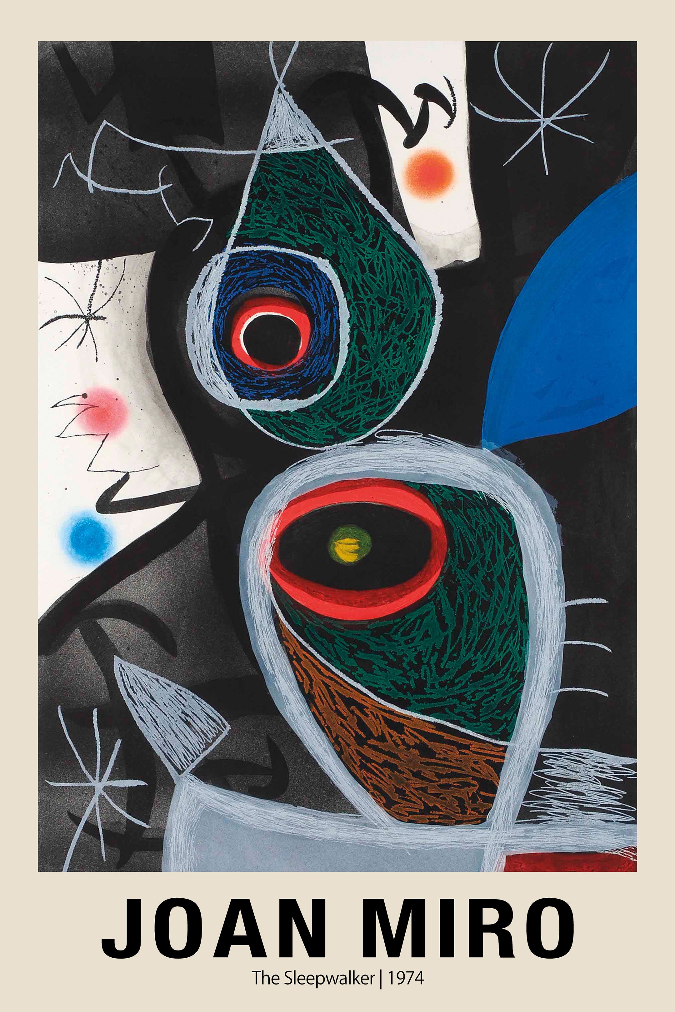 Abstract expressionist poster by Joan Miró titled "The Sleepwalker" (1974), featuring bold primary colors, thick lines, and surreal, primitive face shapes on a black background.