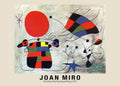 Joan Miró abstract painting featuring a bright red circle, a colorful checkered figure, and dynamic black lines embodying Surrealism.