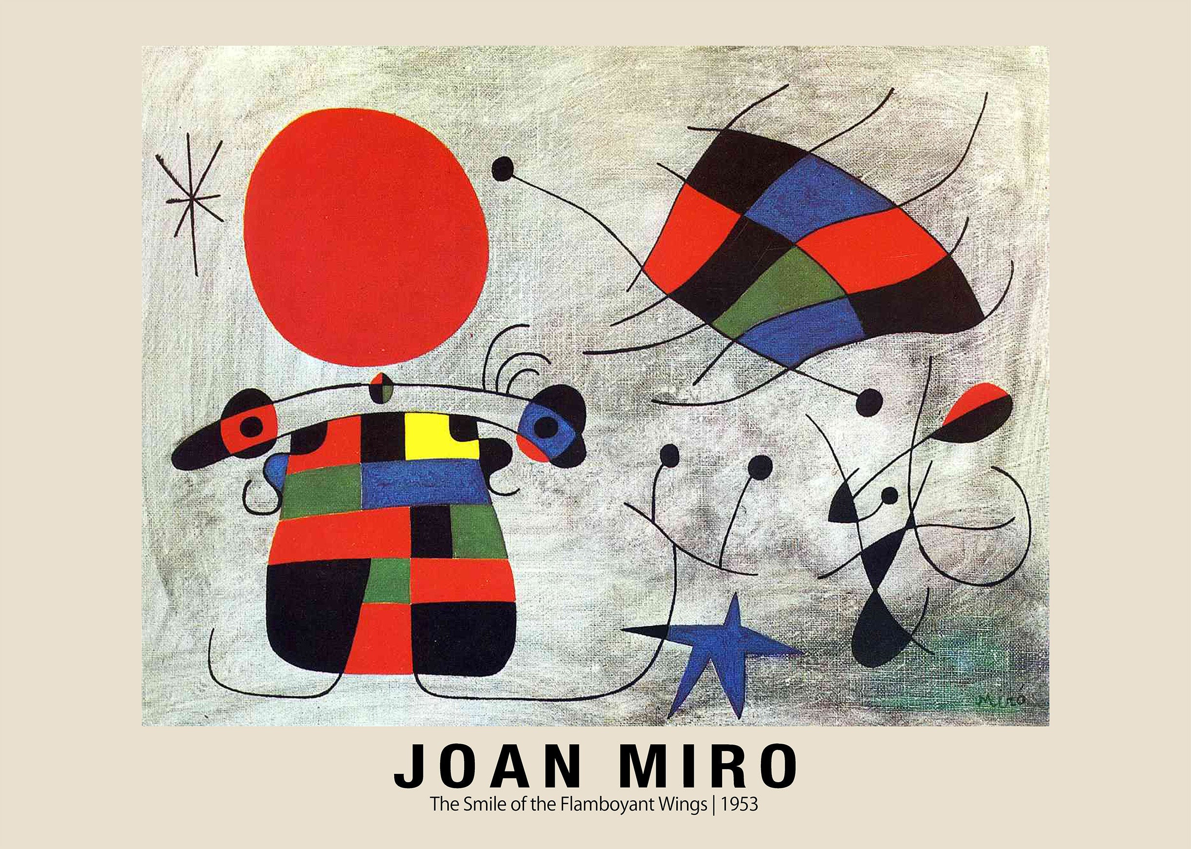 Joan Miró abstract painting featuring a bright red circle, a colorful checkered figure, and dynamic black lines embodying Surrealism.