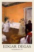 Edgar Degas oil painting, The Song Rehearsal, featuring two women singers and a seated man in a dramatic, orange-walled interior.