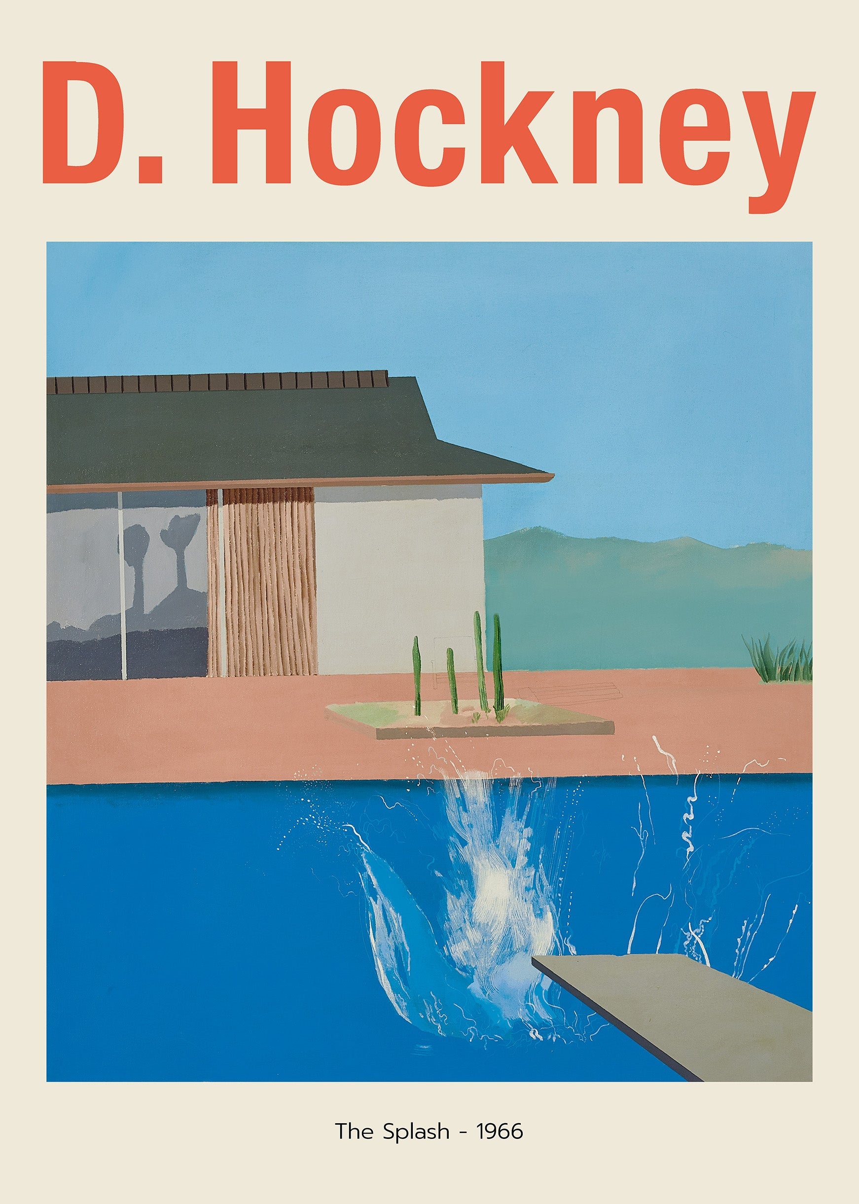 Reproduction poster of David Hockney's painting "The Splash" (1966), showing a dramatic white splash in a bright blue swimming pool next to a mid-century California house.