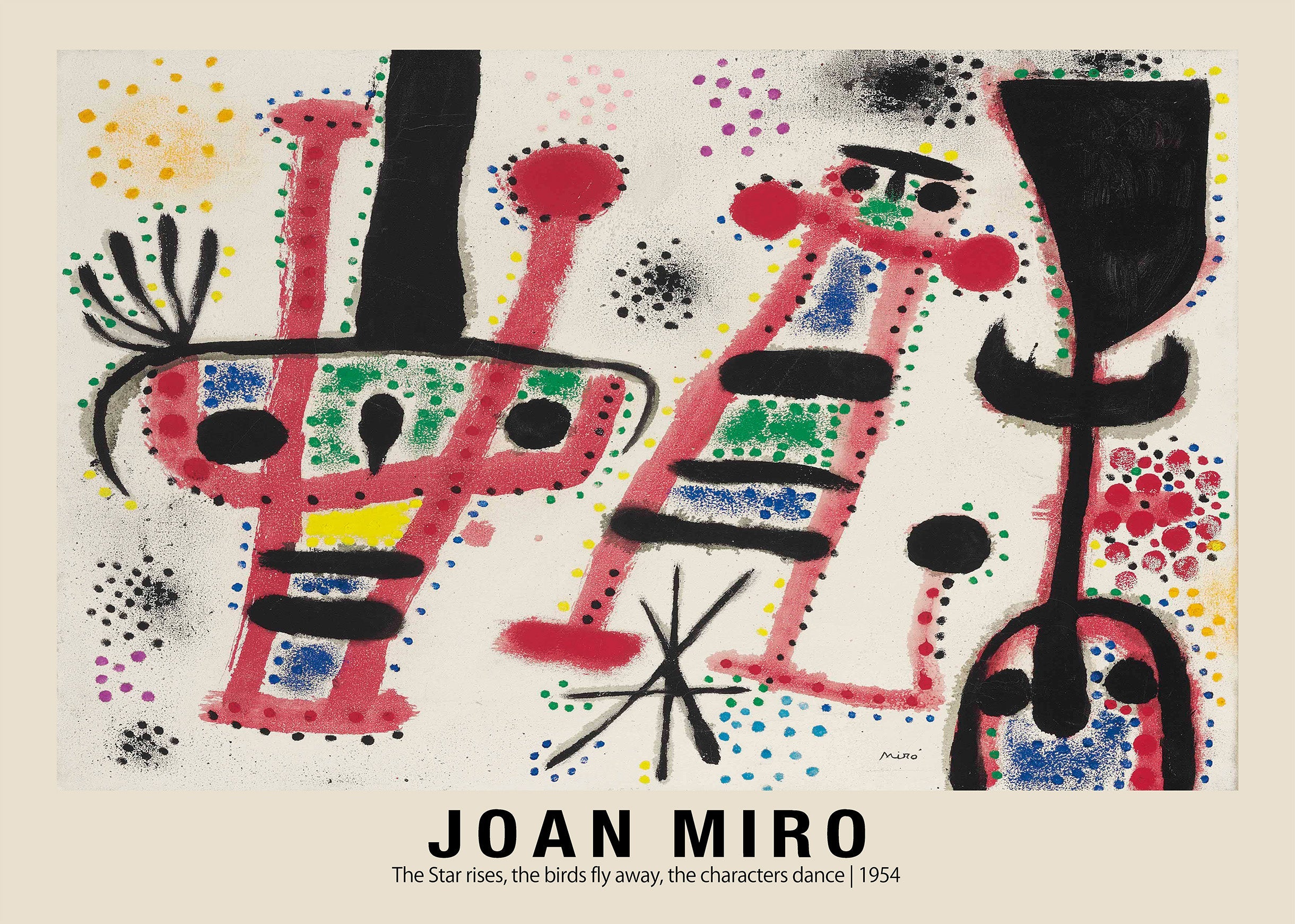 Joan Miró painting, The Star Rises, 1954. Abstract canvas featuring large black, red, and pink forms with scattered dots of primary colors.