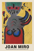 Joan Miró abstract painting reproduction featuring a gray and red anthropomorphic figure on a bright yellow background with celestial symbols.
