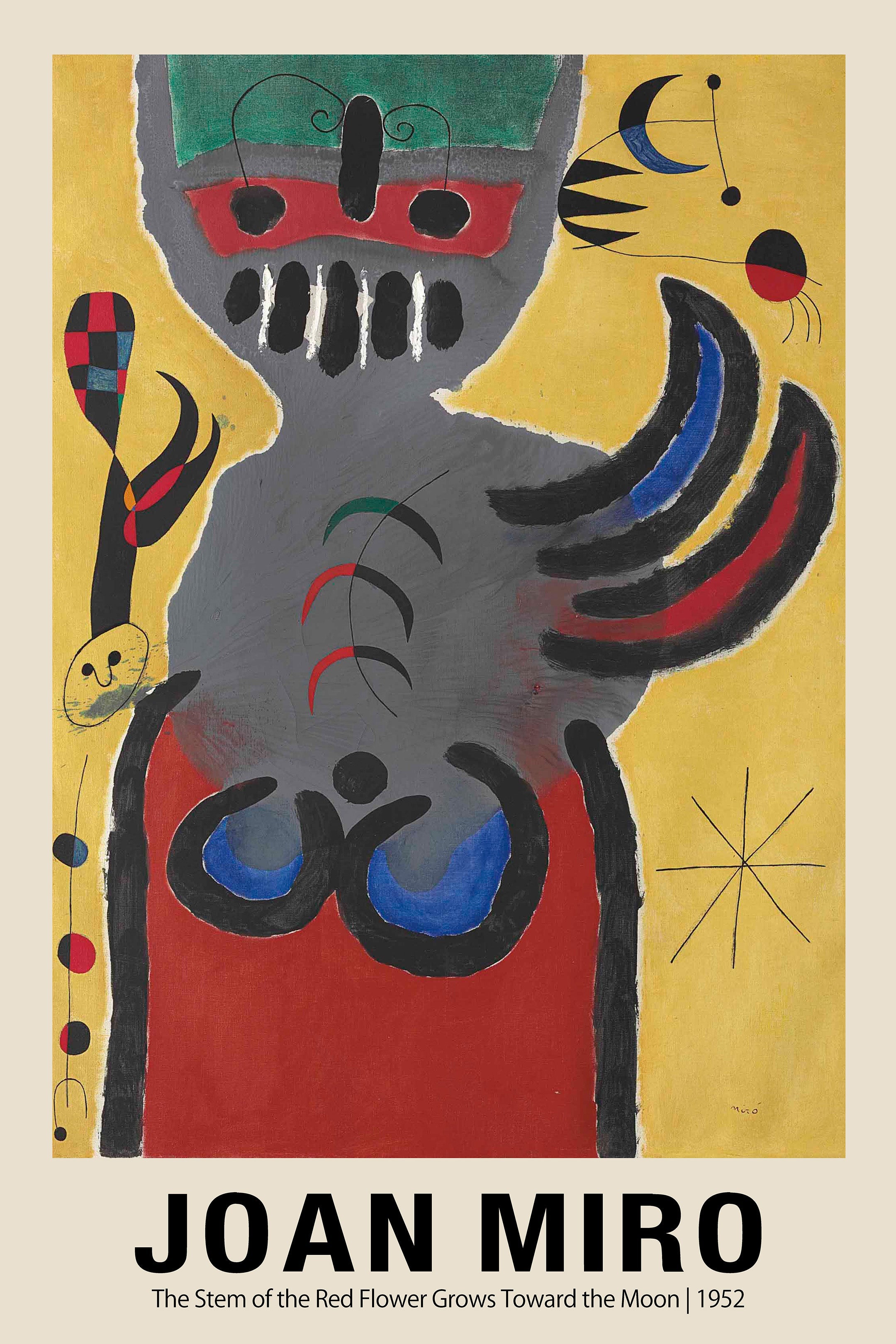 Joan Miró abstract painting reproduction featuring a gray and red anthropomorphic figure on a bright yellow background with celestial symbols.
