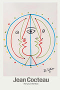 Jean Cocteau print, "The Sun and the Moon." Abstract line art depicting symmetrical faces and a central eye using bold red, green, and blue circular lines.