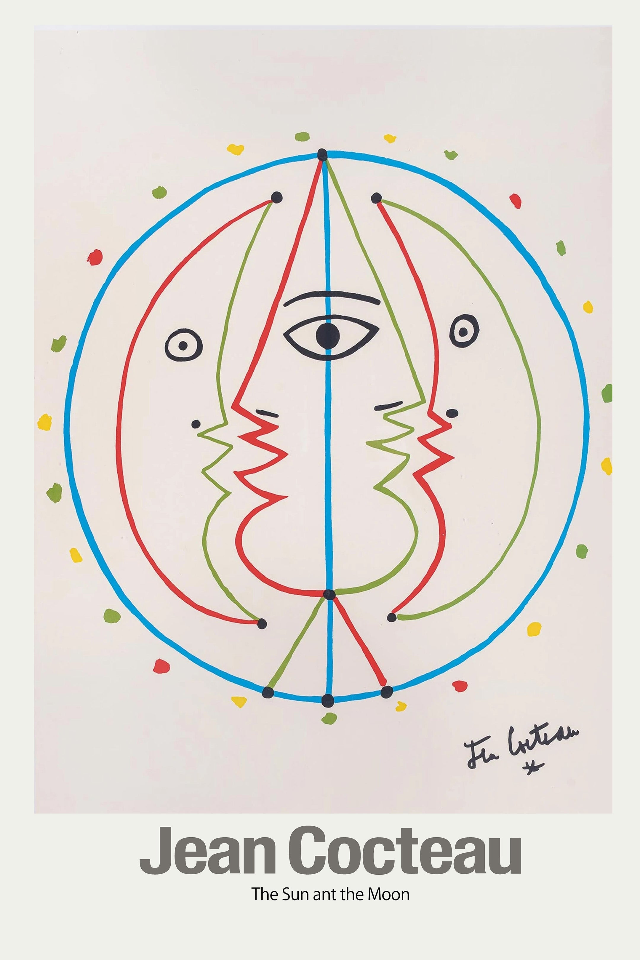 Jean Cocteau print, "The Sun and the Moon." Abstract line art depicting symmetrical faces and a central eye using bold red, green, and blue circular lines.