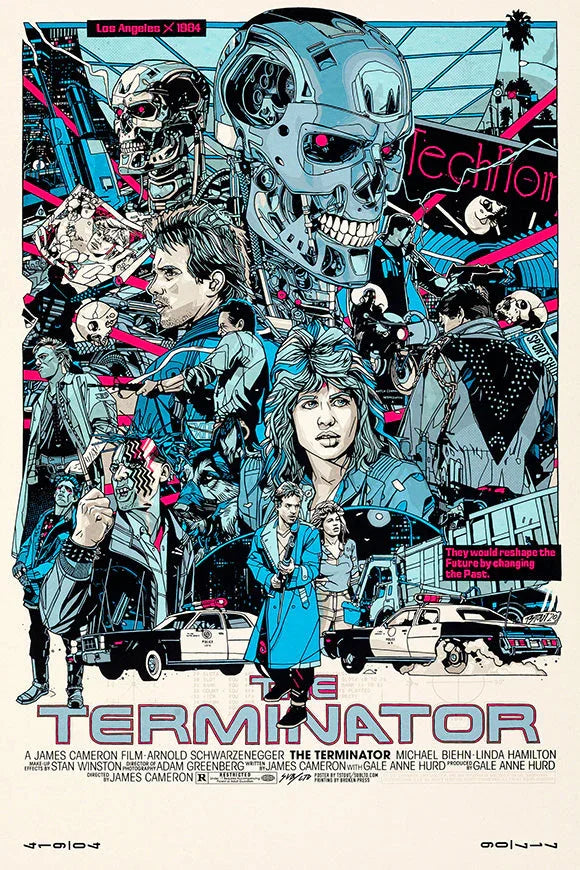 The Terminator 1984 movie poster featuring cyborg skulls, Arnold Schwarzenegger, and action scenes in blue and pink tones
