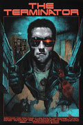 The Terminator movie poster featuring Arnold Schwarzenegger in sunglasses and leather jacket holding guns in a dark corridor