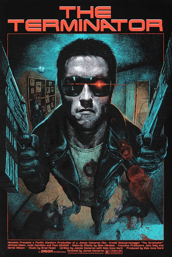 The Terminator movie poster featuring Arnold Schwarzenegger in sunglasses and leather jacket holding guns in a dark corridor