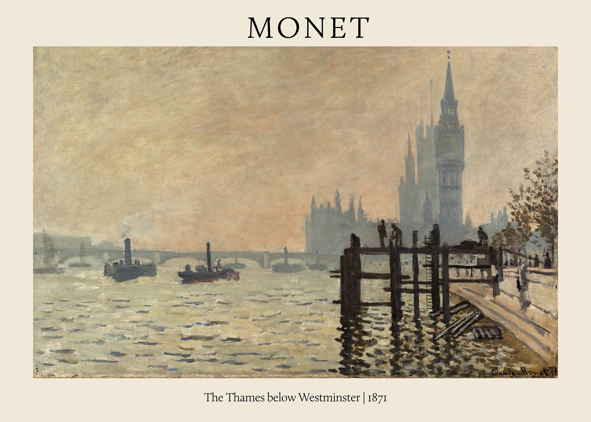 Impressionist oil painting by Claude Monet depicting the River Thames with steamships, the Palace of Westminster, and a foggy, hazy orange-gray sky.
