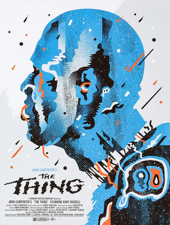 Poster for John Carpenter's The Thing featuring a blue and black stylized alien face with orange accents