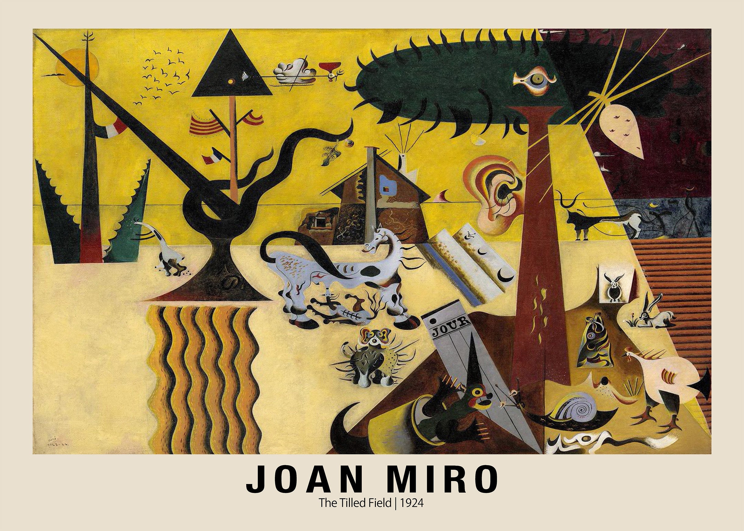 High-resolution reproduction of Joan Miró's 1924 painting, The Tilled Field, featuring abstract figures, a house, and vibrant yellow background.