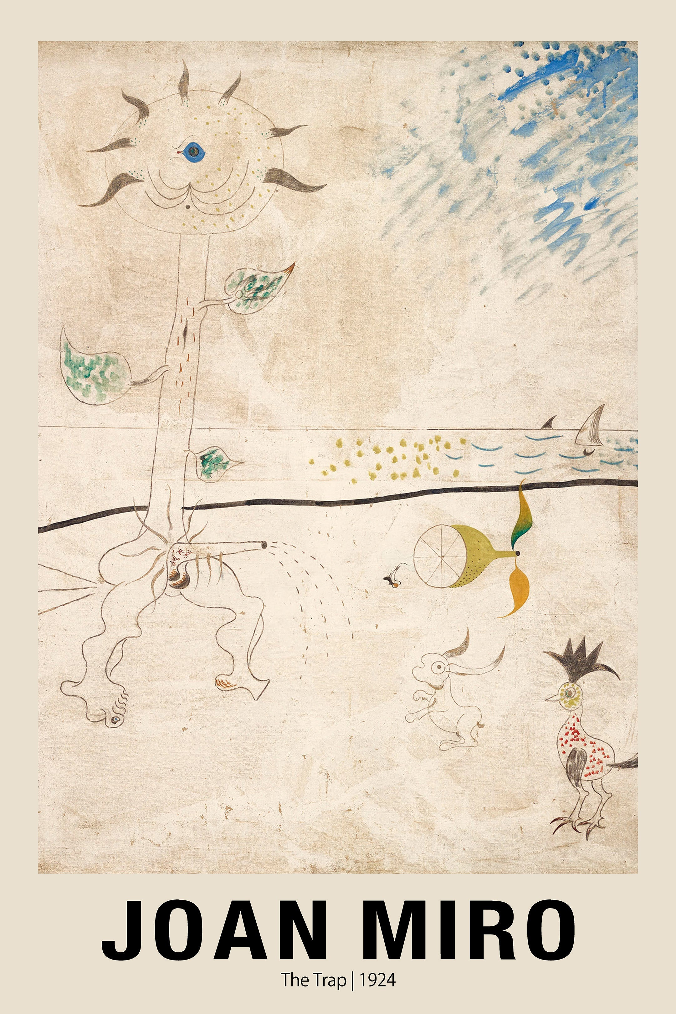 Joan Miró's 1924 painting "The Trap," featuring biomorphic forms, an abstract sun, shark fins in the sea, and small surrealistic creatures on a faded canvas background.
