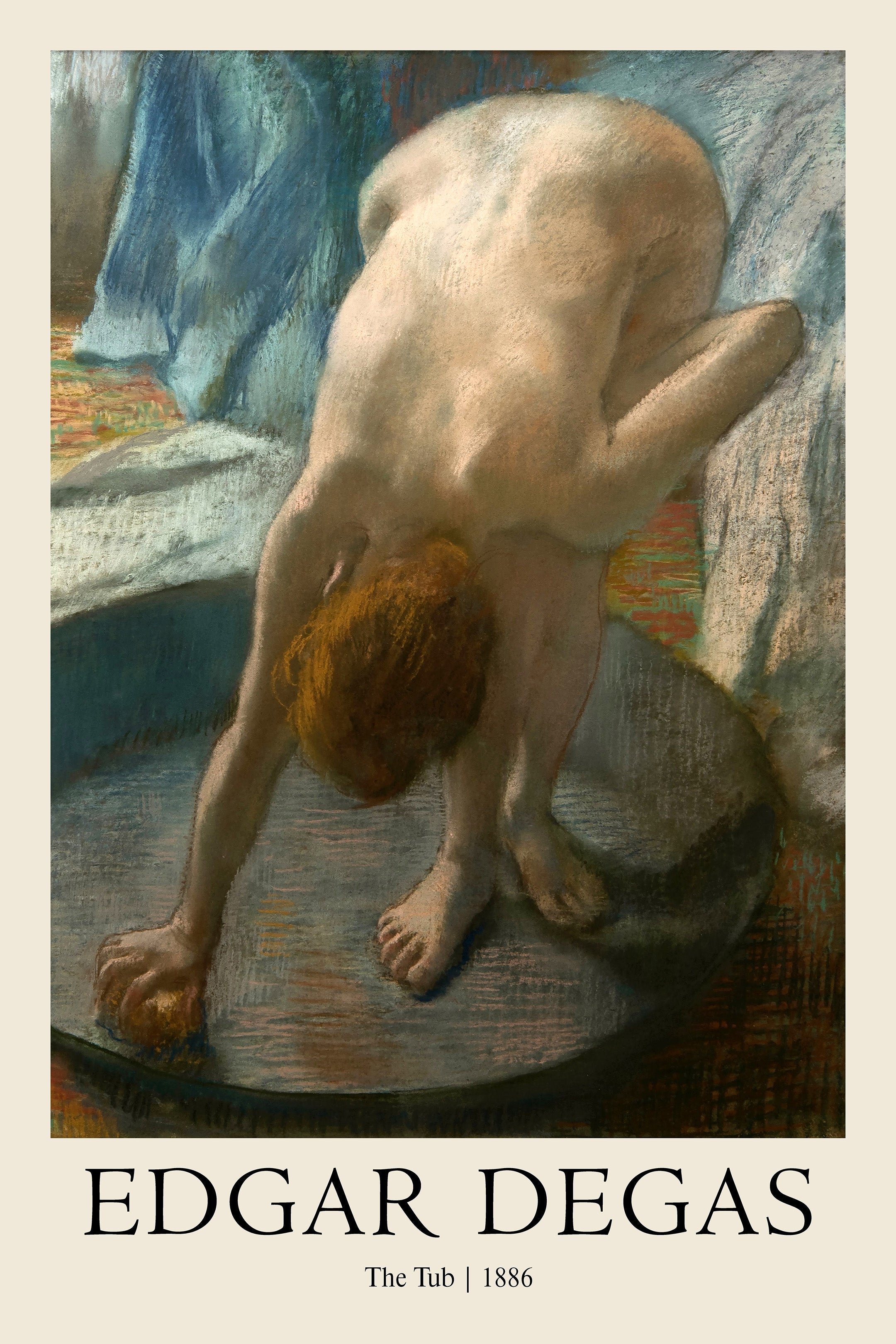 Edgar Degas' "The Tub," 1886. Impressionist pastel depicting a nude woman crouching over a dark zinc basin, featuring rich blue and copper tones.