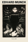 Black and white lithograph by Edvard Munch titled "The Urn," showing a dark vase, swirling hair, and anguished faces in the Expressionist style.