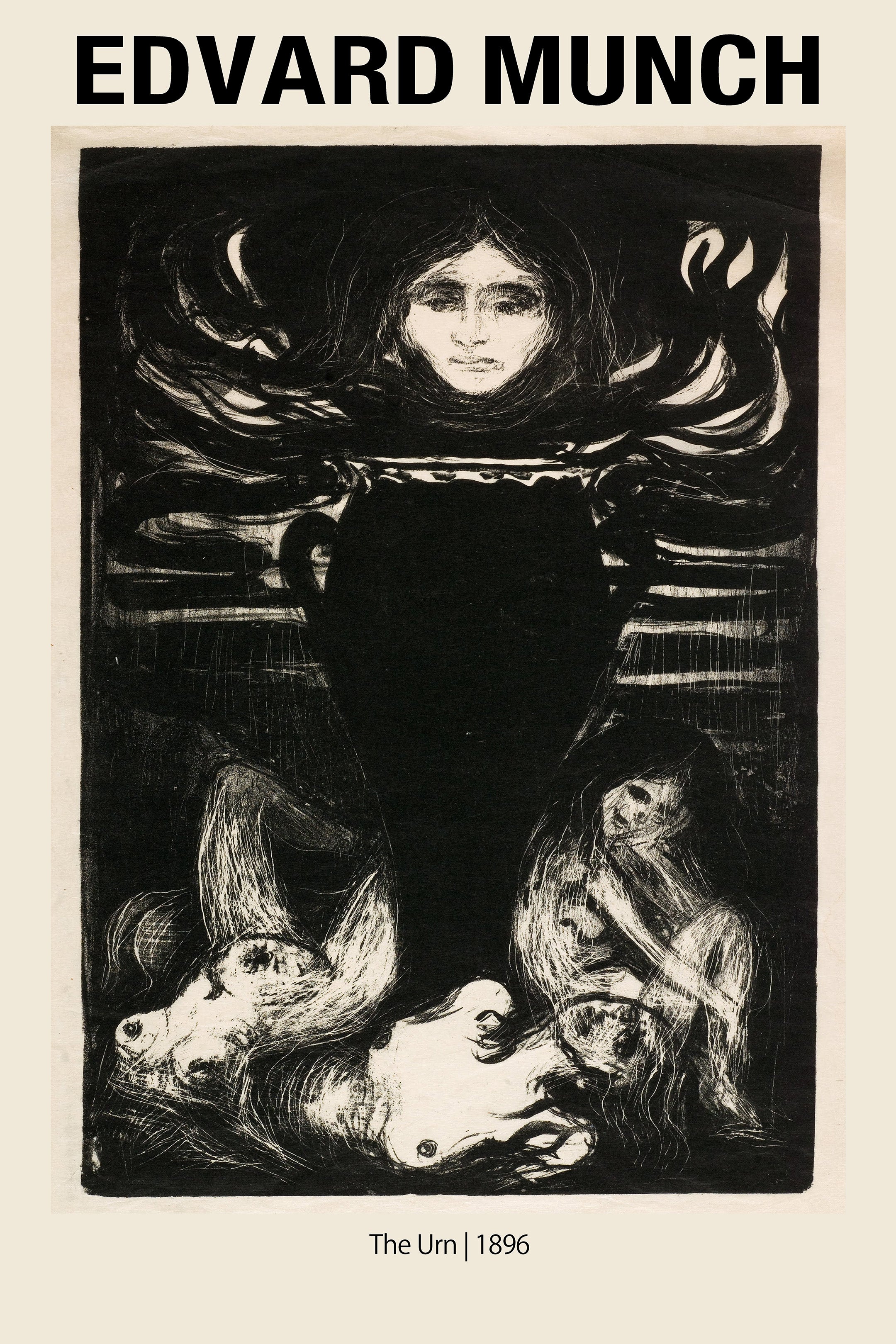 Black and white lithograph by Edvard Munch titled "The Urn," showing a dark vase, swirling hair, and anguished faces in the Expressionist style.