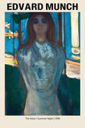 Edvard Munch's painting The Voice (Summer Night), 1896, showing a pale woman in a blue dress against a dark, nocturnal, symbolic blue background.
