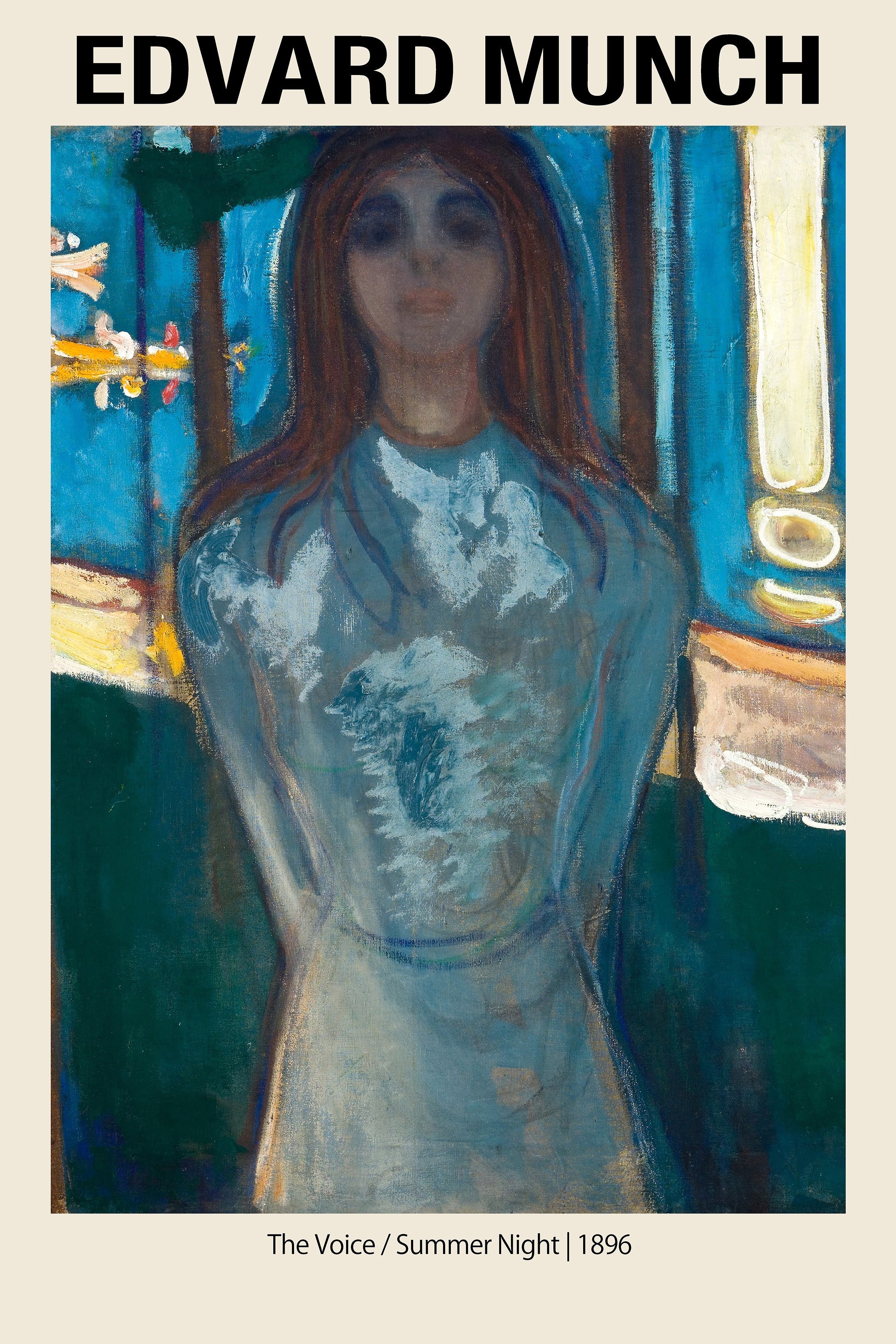 Edvard Munch's painting The Voice (Summer Night), 1896, showing a pale woman in a blue dress against a dark, nocturnal, symbolic blue background.