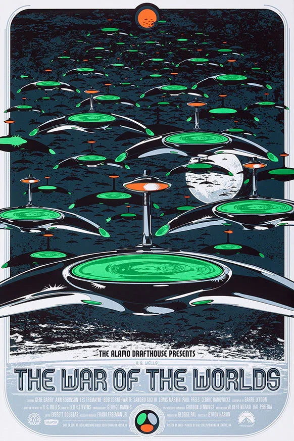 Retro sci-fi poster of alien tripods with green domes and orange lights under a dark sky with a large moon