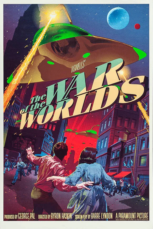 Retro sci-fi poster of The War of the Worlds featuring flying saucers attacking a city with people fleeing