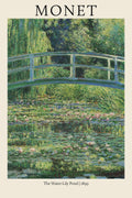 High-quality poster reproduction of Claude Monet's "The Water-Lily Pond" (1899), showing the iconic blue-green Japanese footbridge over the vibrant Giverny pond.