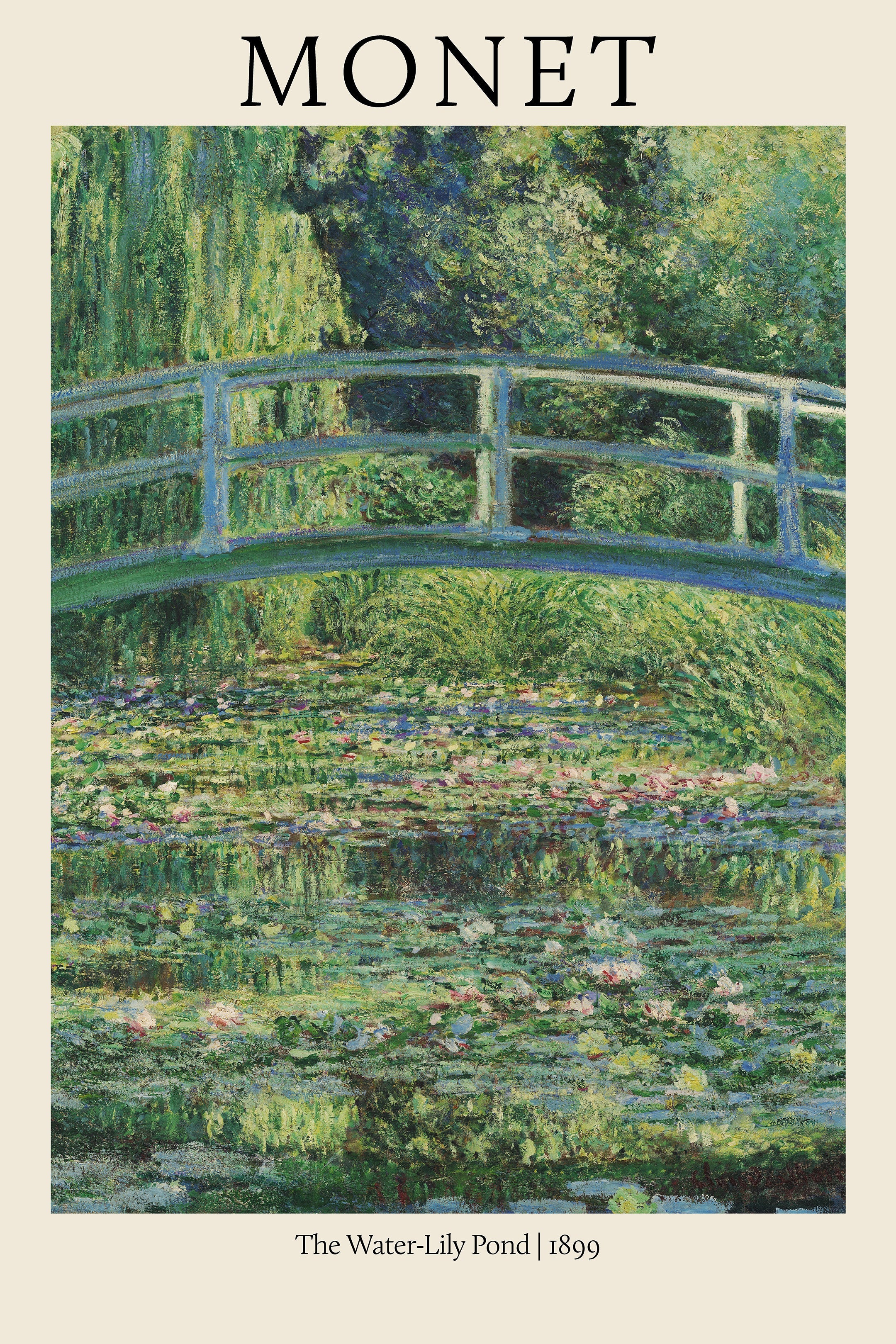 High-quality poster reproduction of Claude Monet's "The Water-Lily Pond" (1899), showing the iconic blue-green Japanese footbridge over the vibrant Giverny pond.