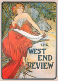 Vintage Alphonse Mucha lithograph for "The West End Review," depicting a flowing blonde woman in a red gown with palm fronds and cherubs.