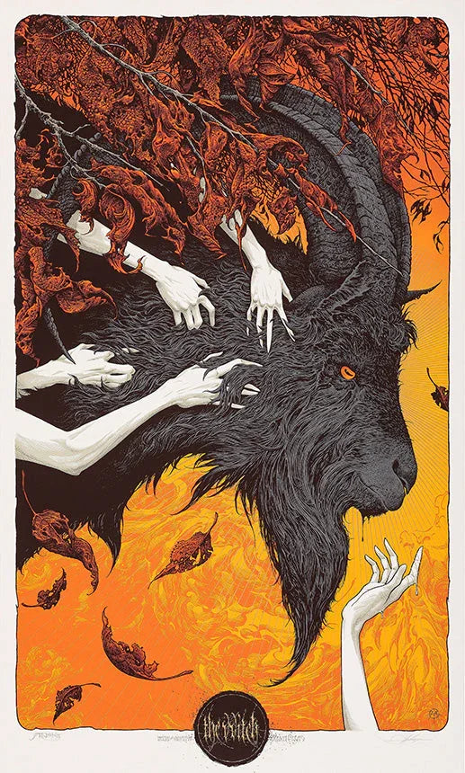 Illustration of a black goat with large horns surrounded by pale hands reaching through autumn leaves against an orange background