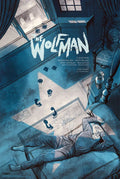 The Wolf Man vintage horror movie poster with chained man on bed and wolf paw prints on floor