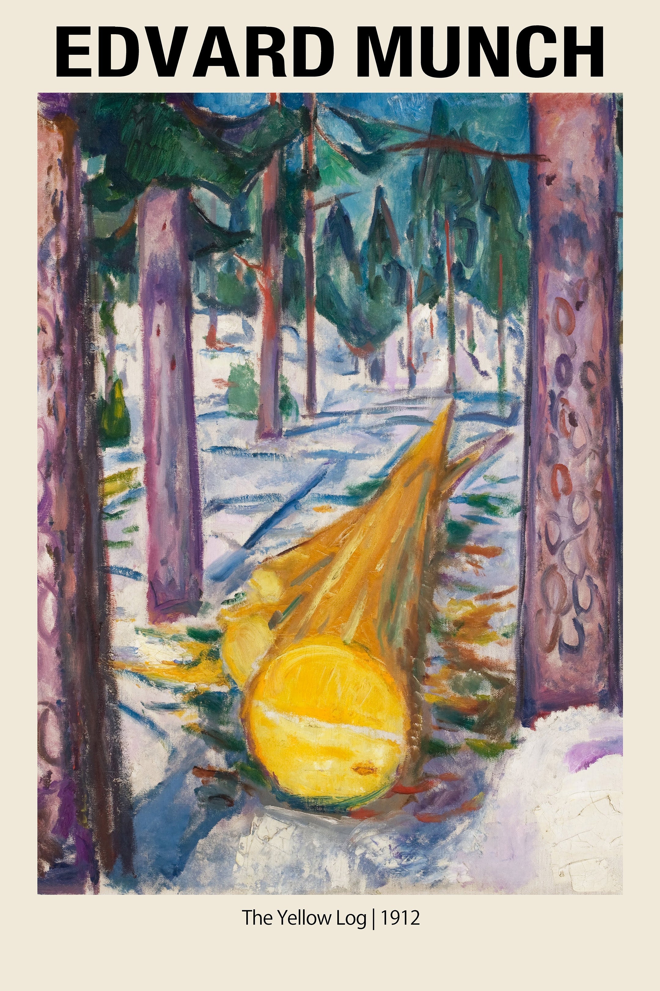 Edvard Munch's expressionist painting, "The Yellow Log" (1912), depicting a highly saturated yellow log lying in a snowy, purple forest.