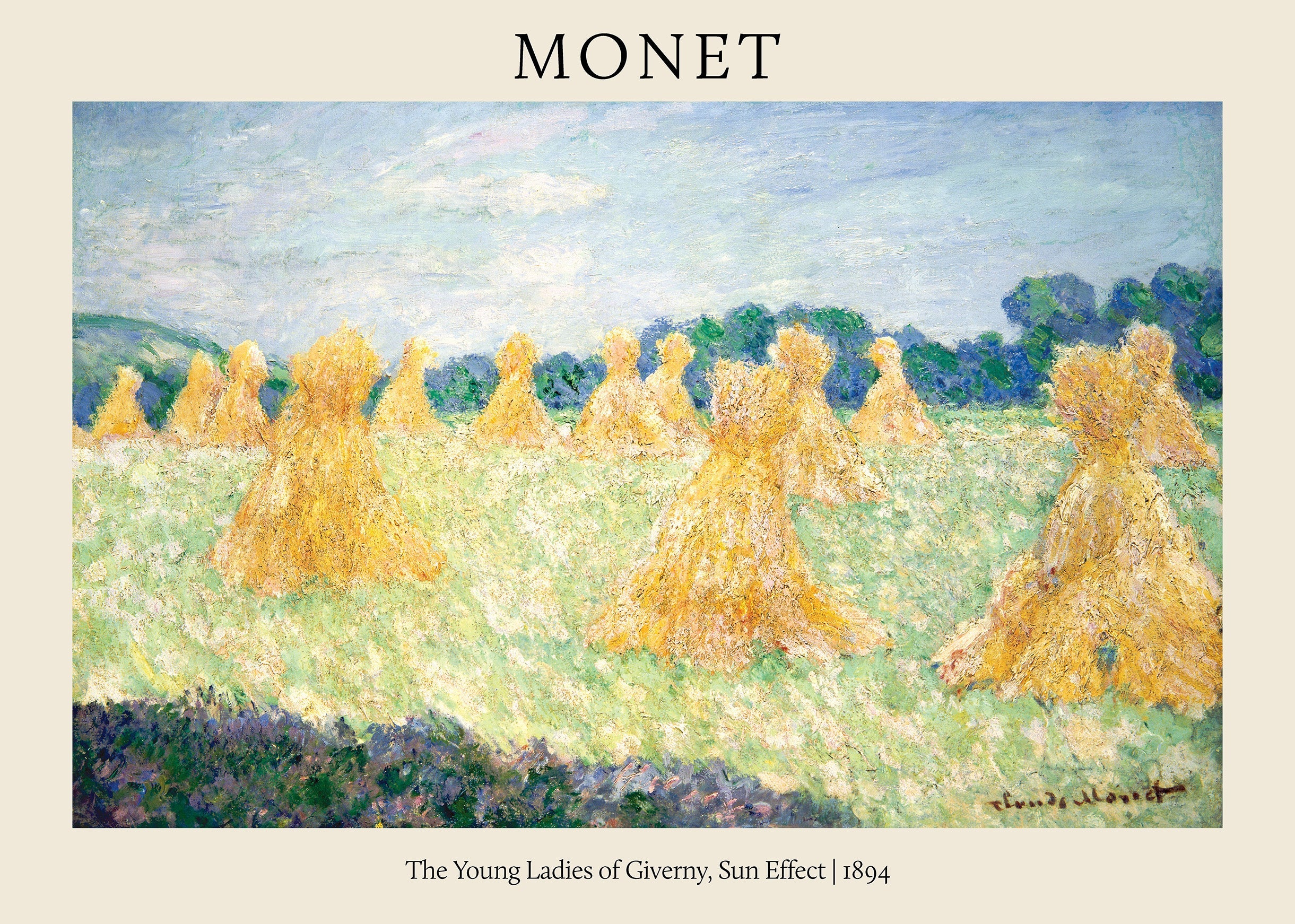 Claude Monet Impressionist painting reproduction of sun-drenched golden haystacks in a vibrant green field at Giverny.