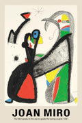 Abstract Joan Miró artwork, "The bird speaks to the star," featuring bold black figures, stars, and primary color blocks (red, yellow, green, blue) on a cream background.