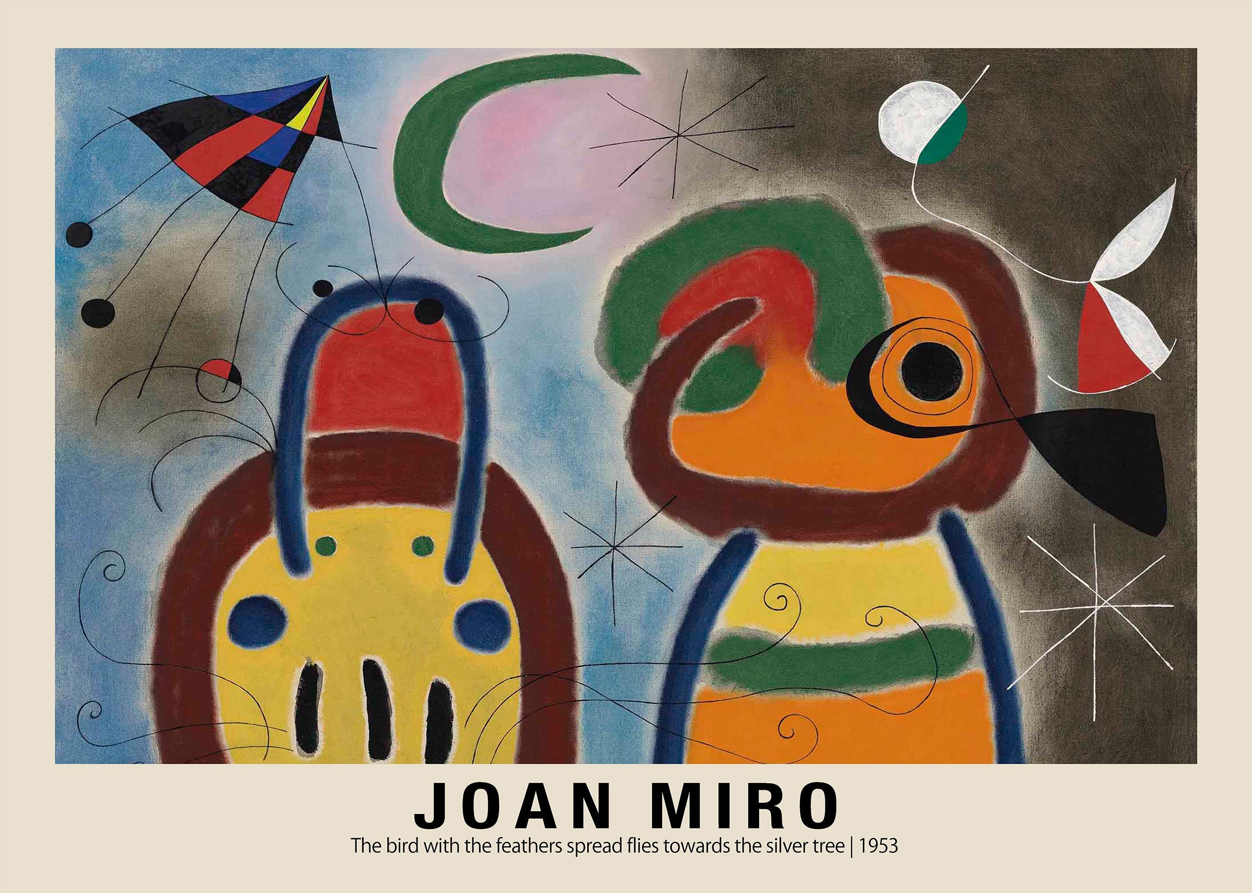 Abstract Surrealist poster print by Joan Miró (1953), featuring bright biomorphic shapes, a green moon, and black lines on a textured background.