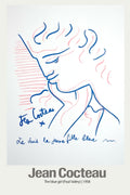 Jean Cocteau's 1958 lithograph reproduction of "The Blue Girl," featuring a minimalist line drawing in blue and pink tones on white paper.