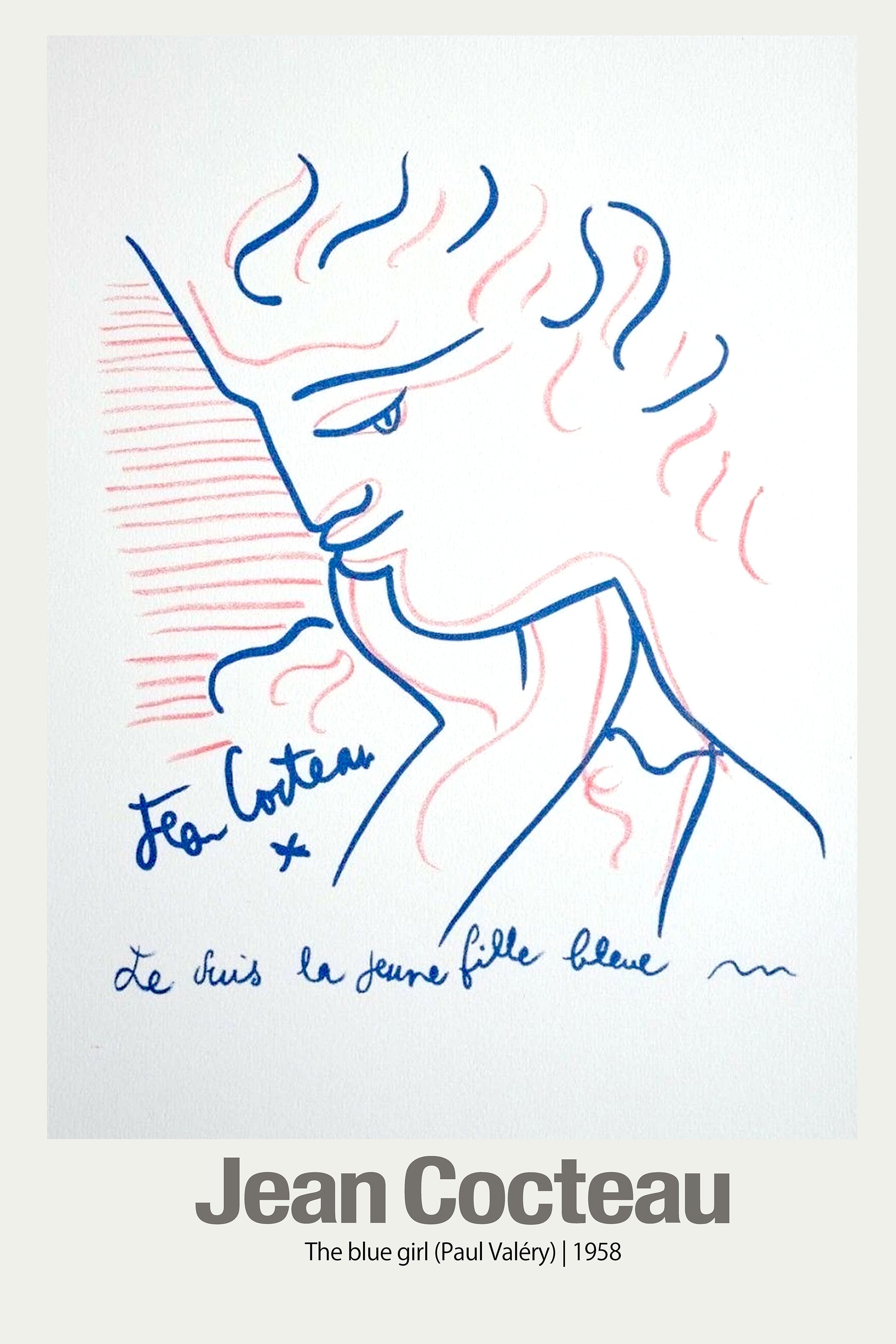 Jean Cocteau's 1958 lithograph reproduction of "The Blue Girl," featuring a minimalist line drawing in blue and pink tones on white paper.