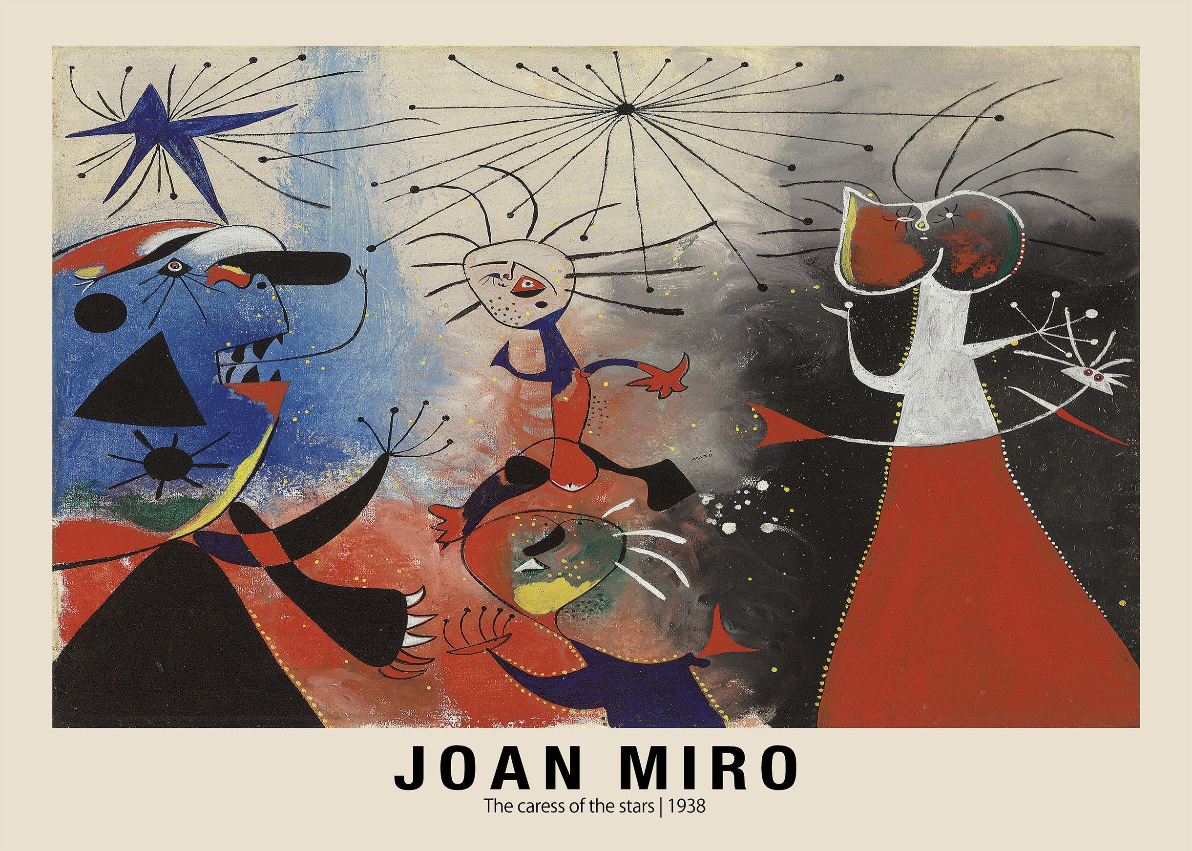 Surrealist painting by Joan Miró, "The Caress of the Stars" (1938), featuring abstract figures, a large blue star, and vibrant primary colors on a mixed background.