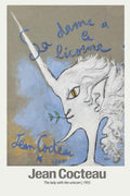 Expressive pastel drawing by Jean Cocteau featuring a white unicorn head with a horn and yellow eye against a blue and gray background, dated 1955.