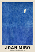 Abstract painting by Joan Miró, "The Passage of the Migratory Bird" (1968), featuring vertical blue brushstrokes and a single white oval form.