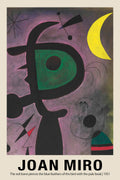 Abstract painting by Joan Miró, featuring a dark figure with a large green eye, set against a purple background with a bright yellow crescent moon.