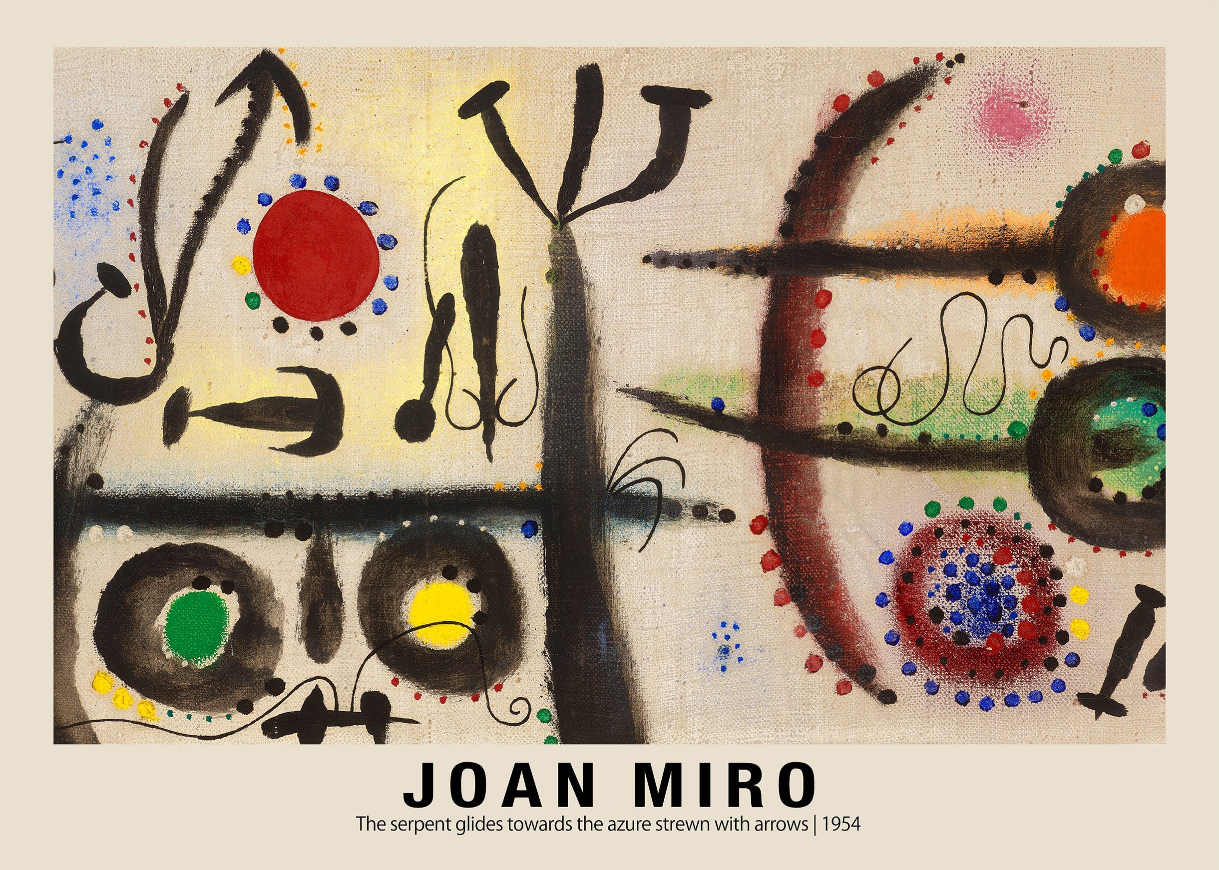 Abstract painting by Joan Miro (1954) showing bold black strokes, large red and yellow circles, and colorful dots on textured canvas.