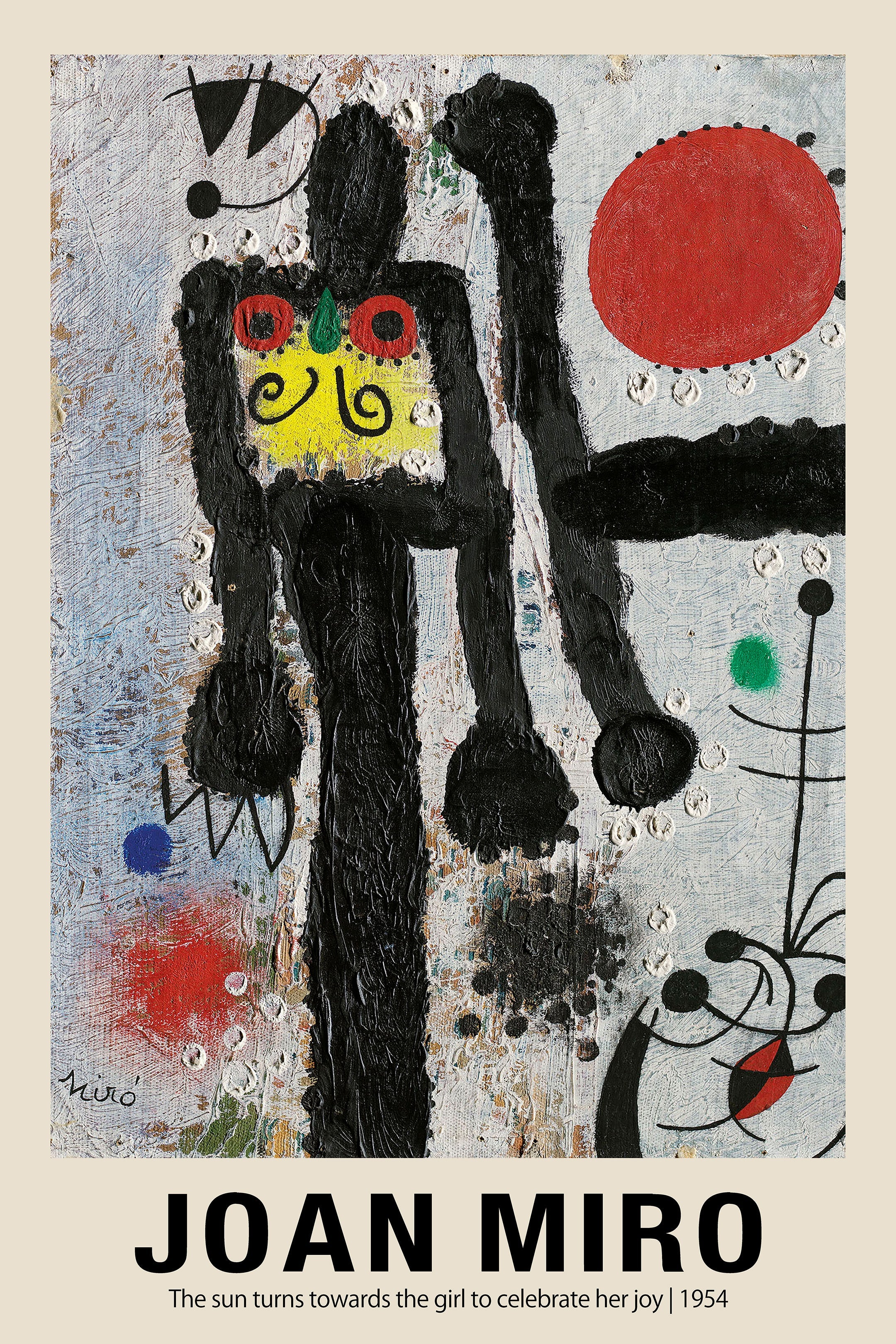 Reproduction poster of Joan Miró's 1954 painting, showing a black figure, thick texture (impasto), and a large red circle.
