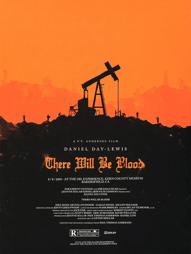 Orange and black movie poster for There Will Be Blood featuring oil pumpjack silhouette and text details