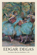 Detailed reproduction of Edgar Degas's 1903 pastel, Three Dancers, showing three figures in expressive blue tutus and red bodices.