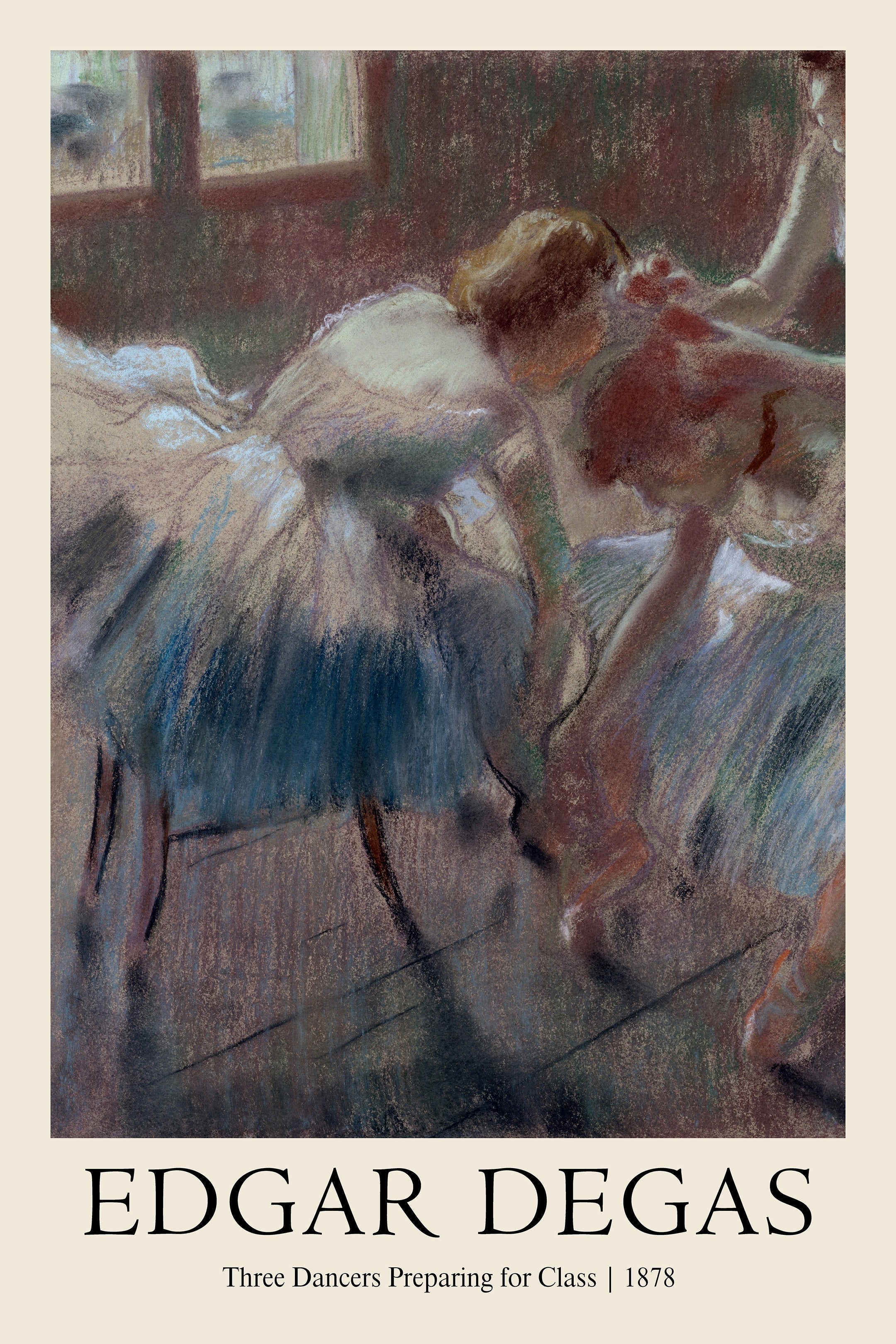 Detailed print of Edgar Degas' 1878 pastel, "Three Dancers Preparing for Class," showing ballerinas in blue and white tutus resting backstage.