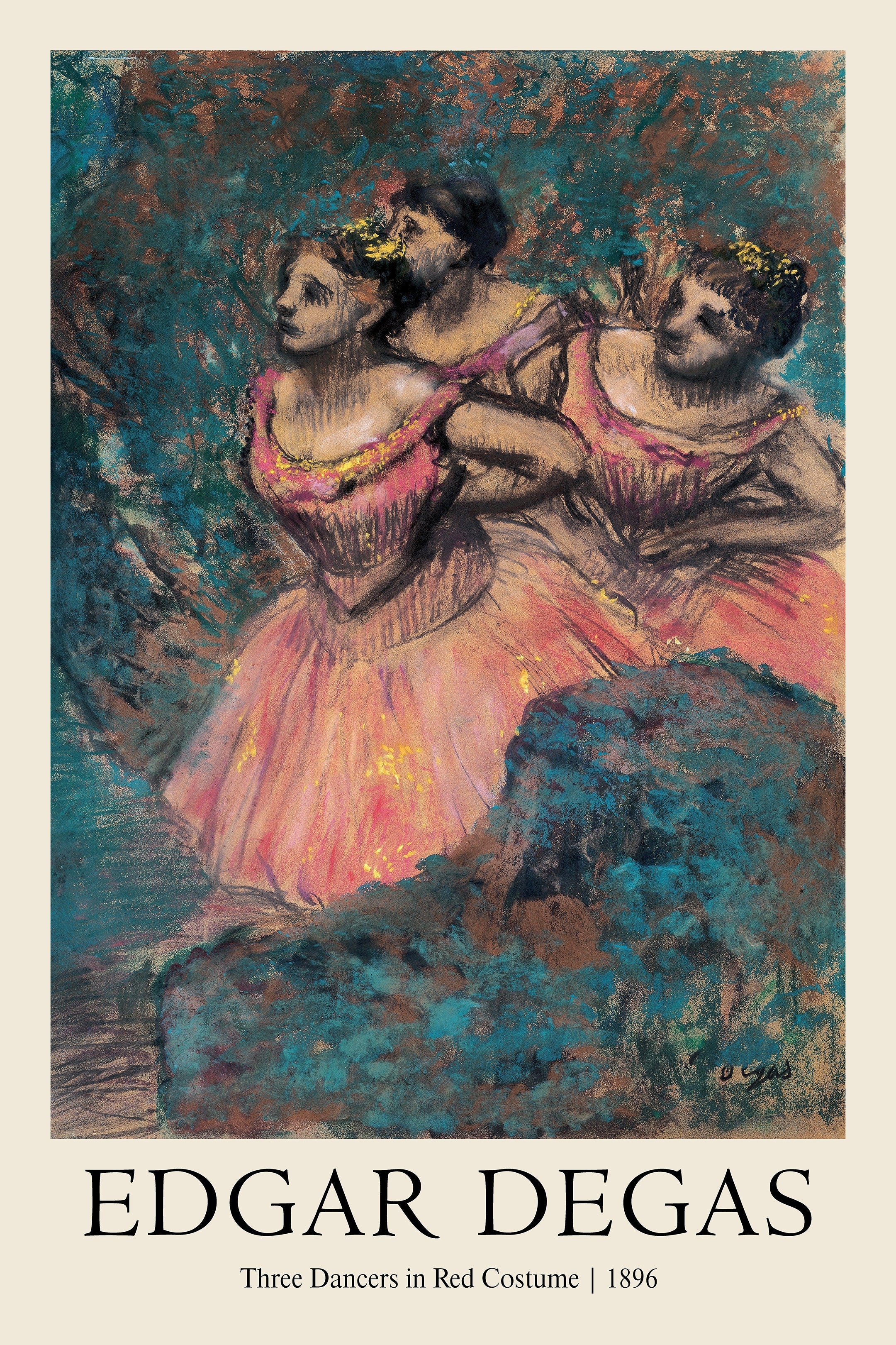 Impressionist pastel drawing by Edgar Degas depicting three ballerinas in pink and red tutus against a dark teal and bronze background.
