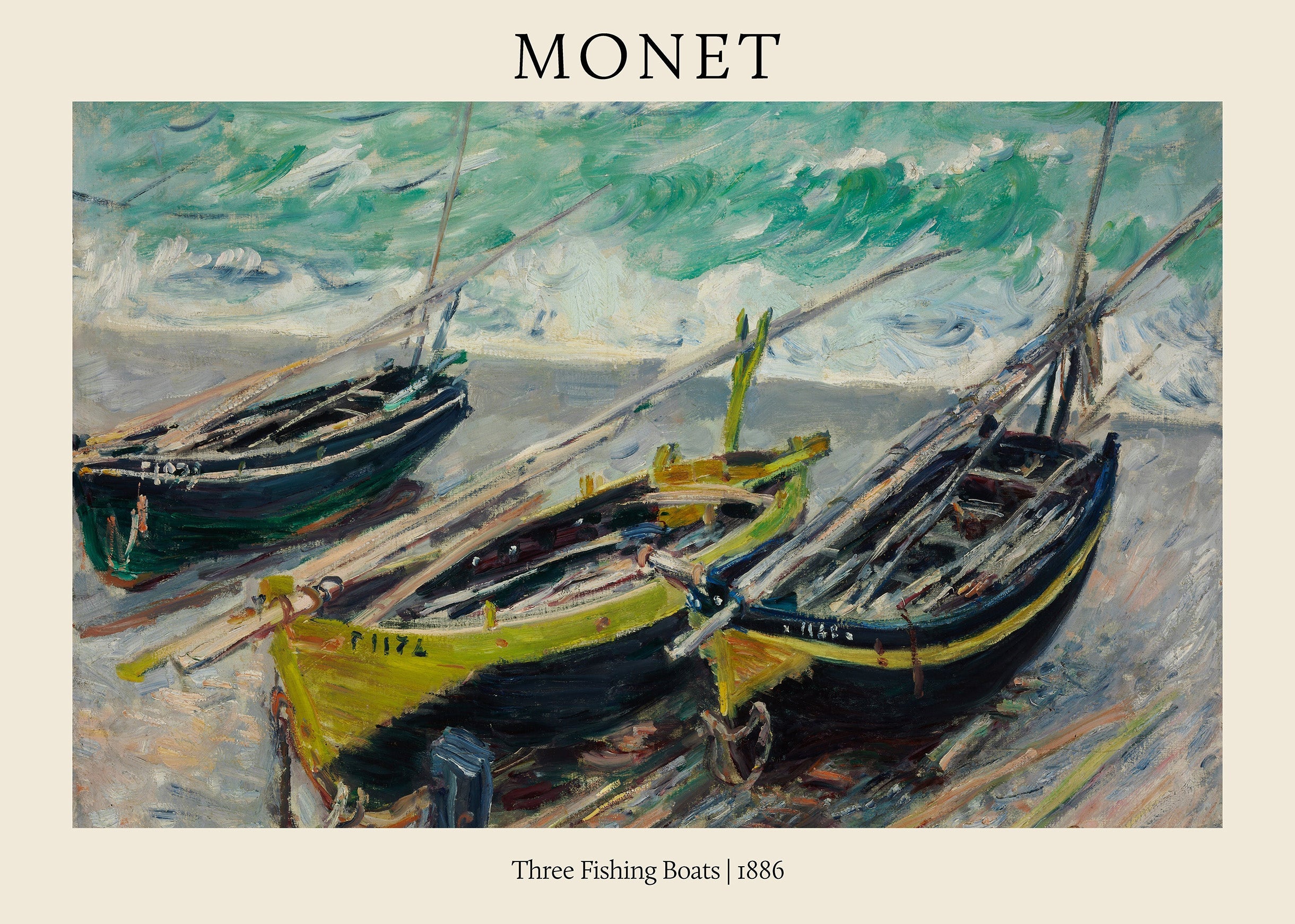 Impressionist oil painting by Claude Monet featuring three wooden fishing boats pulled ashore against turbulent turquoise waves.