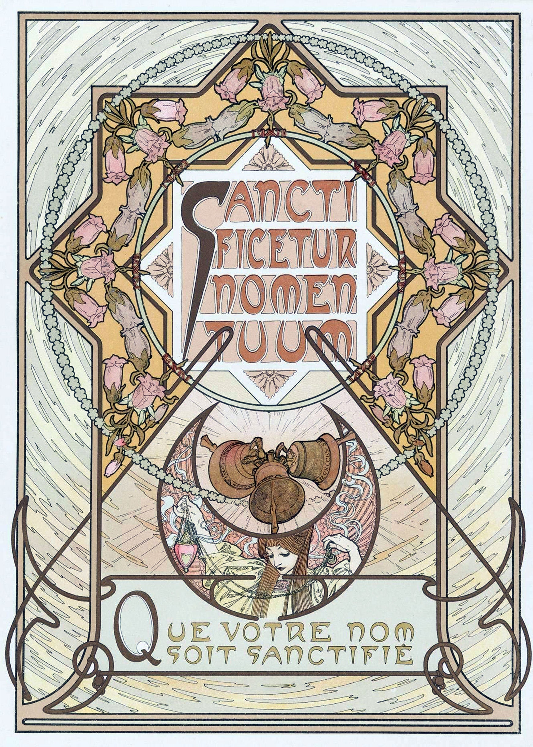 Ornate Art Nouveau illustration by Alphonse Mucha featuring a woman, bells, florals, and Latin religious text in a geometric and circular frame.