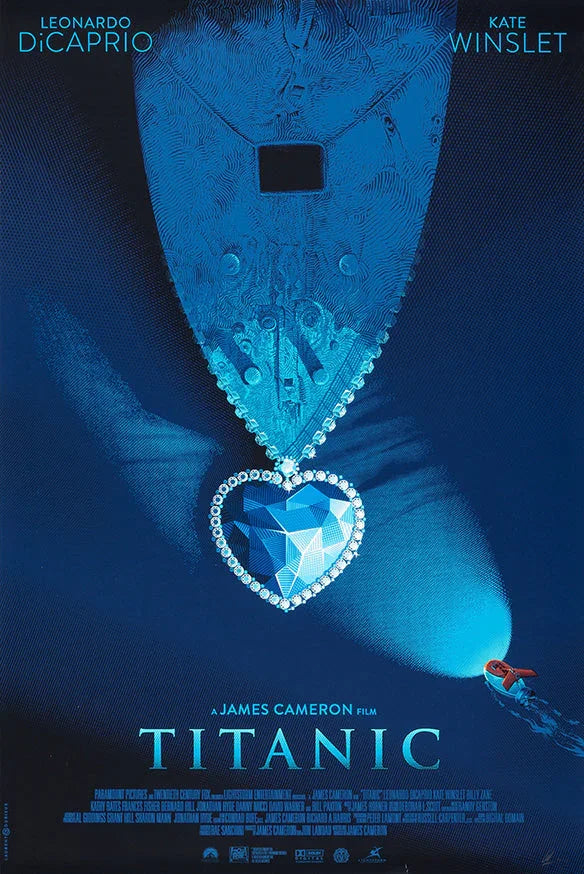 Blue artistic Titanic movie poster featuring ship shaped like a heart-shaped diamond necklace and a lifeboat