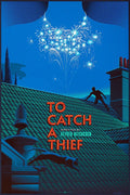 Illustrated movie poster for Alfred Hitchcock's To Catch a Thief showing a rooftop scene with a cat and a man, fireworks in blue night sky