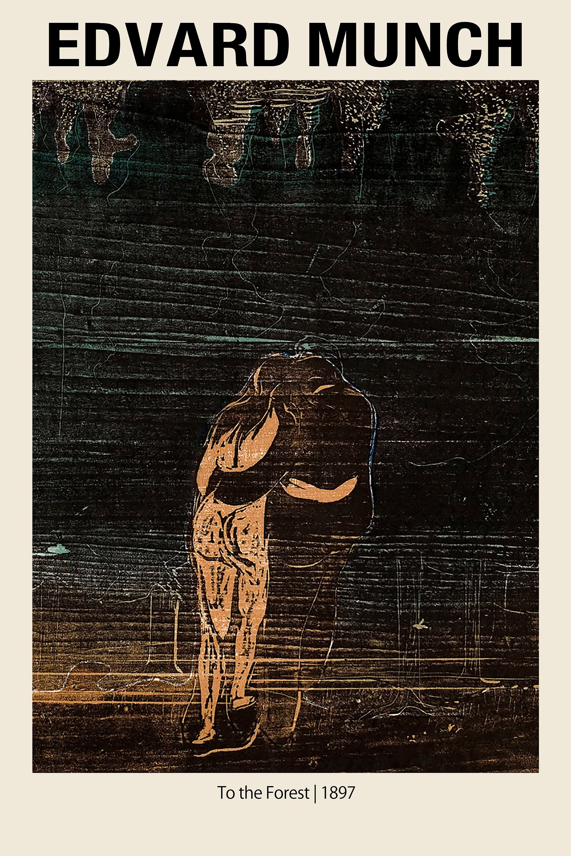 Edvard Munch 1897 artwork "To the Forest," depicting a textured, orange-toned couple locked in an emotional embrace against a dark, scratchy background.